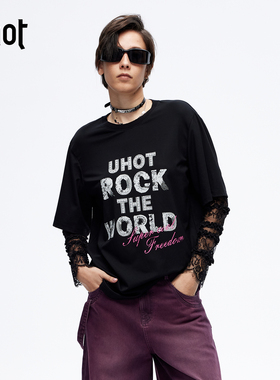 uhot/诱货26春黑色拼蕾丝印花宽松T恤古早叛逆少女风 UWLS1N027