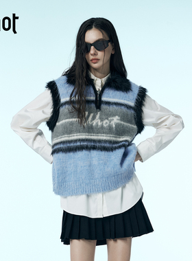 uhot/诱货蓝灰色翻领针织时髦毛绒绒马甲女休闲简约百搭UWWW1Z109