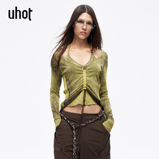 uhot/诱货26春黄咖渐变挂脖假两件叠穿针织衫女复古慵懒UWLS3Z241