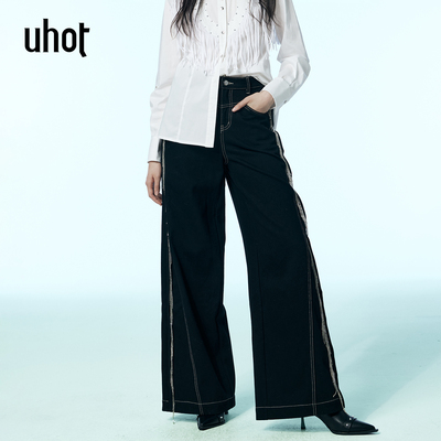 黑色流苏慵懒阔腿牛仔裤