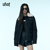 uhot 诱货黑色撞卷毛翻领滑雪羽绒服女奢华鹅绒秋冬保暖UWWW1W168