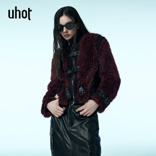 诱货酒红皮袢拼接高领短外套女