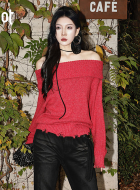 uhot/诱货红色一字肩针织衫短款性感柔美新款 配：领花UWWW3Z760M