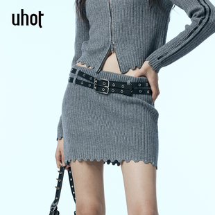 uhot 诱货灰色松弛感直筒半身短裙配：腰带水洗羊毛保暖UWWA3Q066
