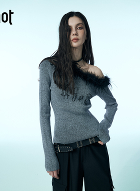 uhot/诱货蓝色斜肩毛领烫钻针织衫露肩设计感穿搭25新款UWWW1Z167