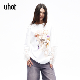 uhot UWLS3T019 诱货26春白色印花假两件T恤流光甜酷风拼接蕾丝袖