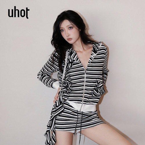 诱货黑白条纹撞色花边连帽外套