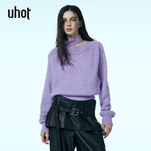 UWWW2Z190 性感俏皮保暖25新款 uhot 诱货紫色挂脖露肩斜肩型针织衫