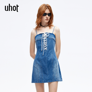 uhot 诱货26夏蓝色复古千金风吊带裙优雅绑带牛仔连衣裙UWLR1L445