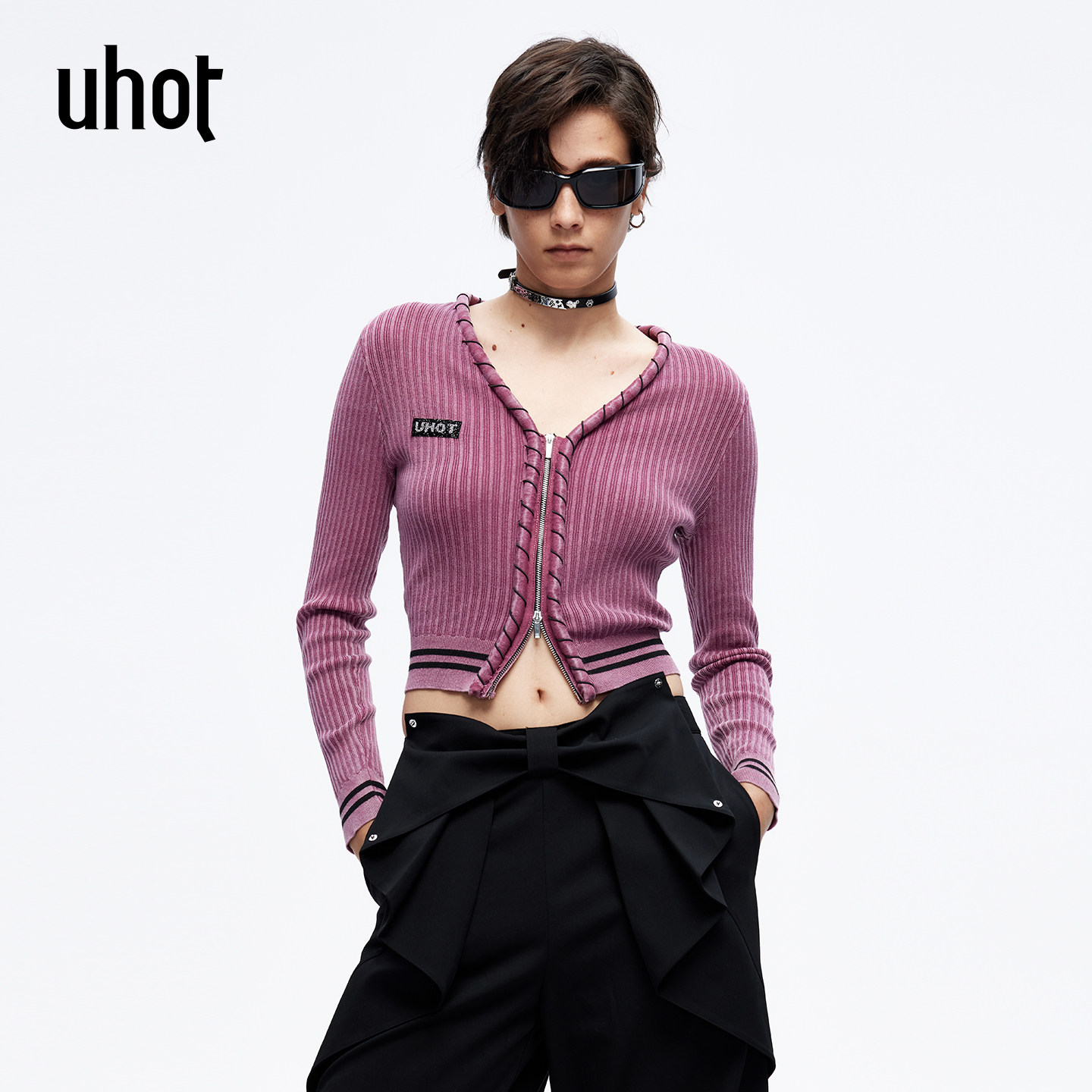uhot/诱货26春玫粉/蓝色条纹针织衫女开衫短款坑条随性 UWLS1Z039