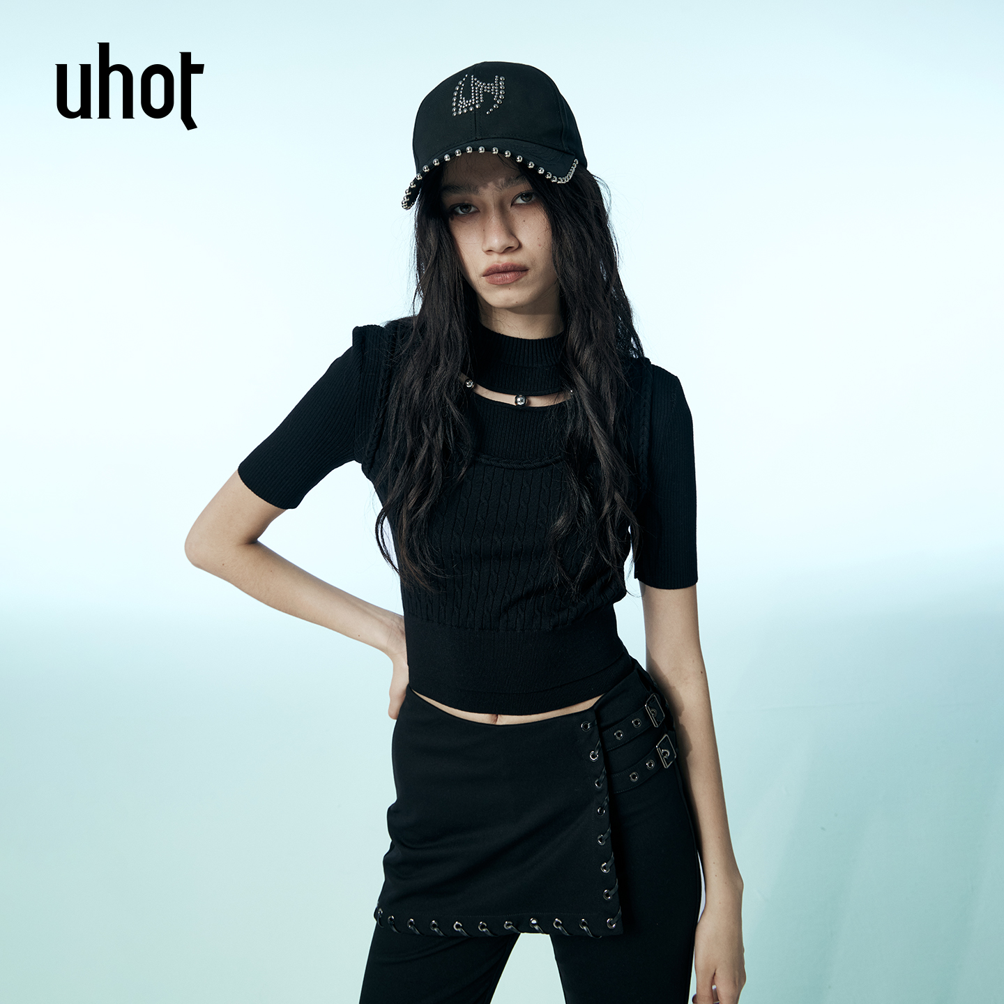 uhot/诱货黄/黑色镂空针织衫