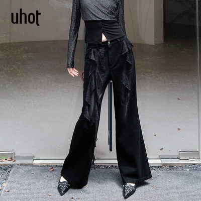 黑色蕾丝拼接牛仔喇叭裤