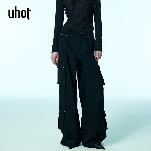 黑色立体多口袋工装风阔腿裤