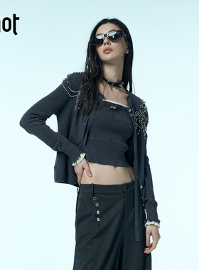 uhot/诱货灰色钉珠修身针织开衫配：吊带灵动柔美25新款UWWW1Z186