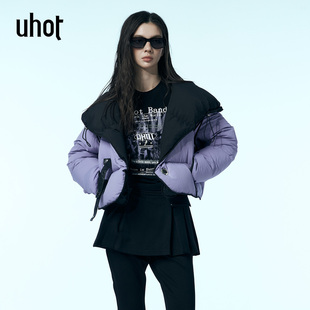 UWWW2W339 连帽鹅绒上衣不对称搭扣设计25新款 uhot 诱货紫黑色短款