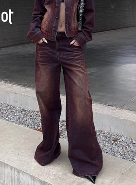 uhot/诱货枣红色植绒水洗阔腿牛仔裤复古保暖25冬新款 UWWW2K710M