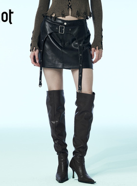 uhot/诱货深咖色腰封A字皮短裙女摩登酷帅深冬辣妹穿搭 UWWW4Q419