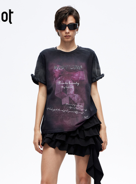 uhot/诱货26春黑灰炒色印花宽松T恤复古做旧叛逆少女风 UWLS1T032