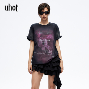 uhot UWLS1T032 诱货26春黑灰炒色印花宽松T恤复古做旧叛逆少女风