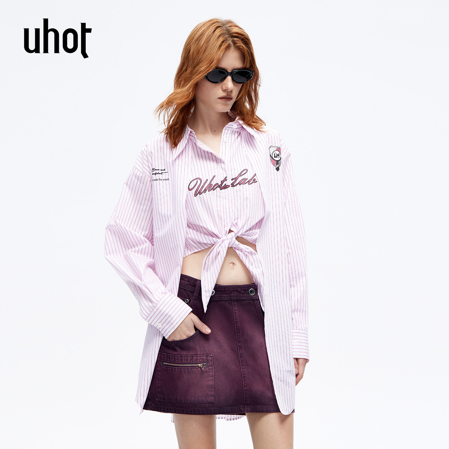 uhot/诱货26春粉白假两件条纹长袖衬衫宽松显瘦温柔甜美UWLS1C057