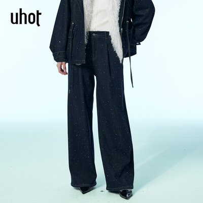 诱货蓝色加绒高腰阔腿烫钻牛仔裤