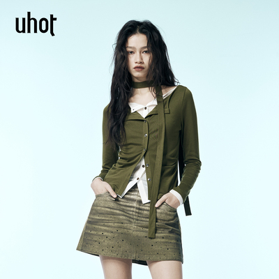 uhot白绿撞色假两件上衣