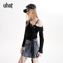uhot/诱货黑色皮带扣带斜肩荷叶边上衣女2025春夏新款 UWWS2N393
