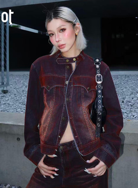 uhot/诱货枣红色短款牛仔夹克女植绒洗水复古高级保暖 UWWW2W711M