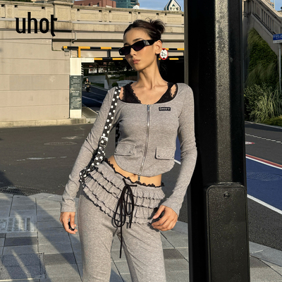 uhot/诱货黑灰色假两件拼接