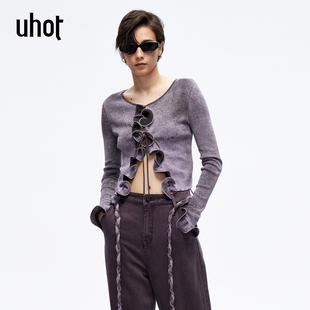 柔美性感新款 针织开衫 UWLS3Z240 诱货26春紫色卷曲荷叶边修身 uhot