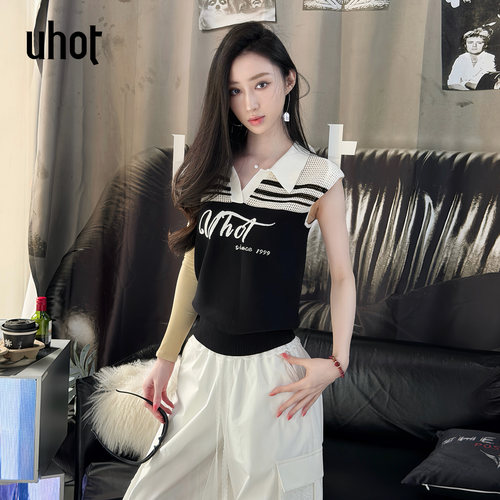 诱货辣妹风无袖针织显瘦POLO衫