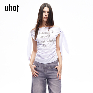 uhot UWLS3N356 诱货26春紫色烫钻字母露肩t恤流光甜酷风辣妹上衣