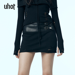 uhot 诱货黑色蛋白皮拼接针织高腰半身裙女性感破洞酷感UWWA2Q159
