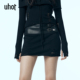 uhot 诱货黑色蛋白皮拼接针织高腰半身裙女性感破洞酷感UWWA2Q159