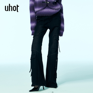 uhot/诱货黑色工装牛仔微喇裤大口袋装饰经典复古25新款UWWW2K235