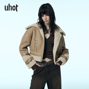 uhot/诱货杏色皮毛一体夹克毛绒翻领复古保暖时尚25新款UWWW3W407