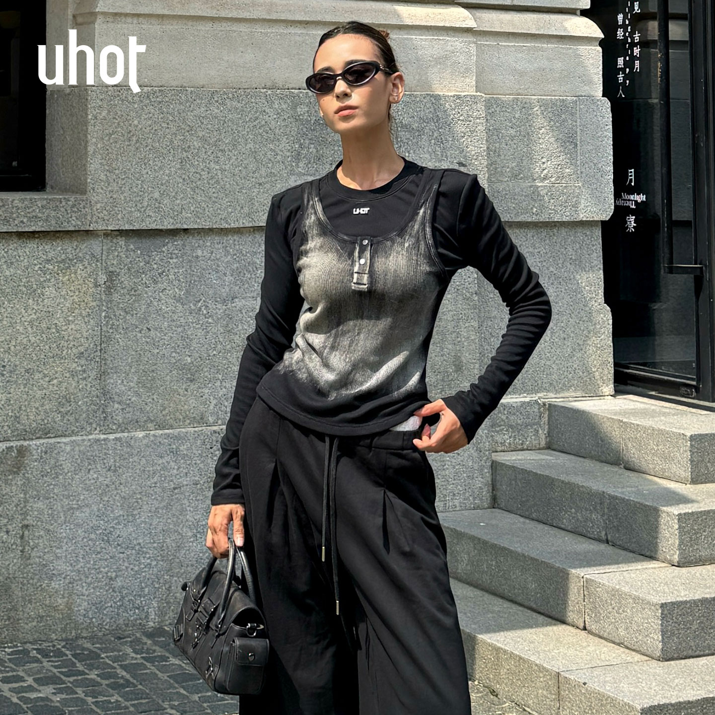 做旧复古假两件喷马骝渐变黑色