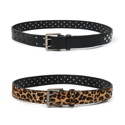 CRICLE CAGE环洞 豹纹真皮珍珠铆钉双针街头腰带皮带