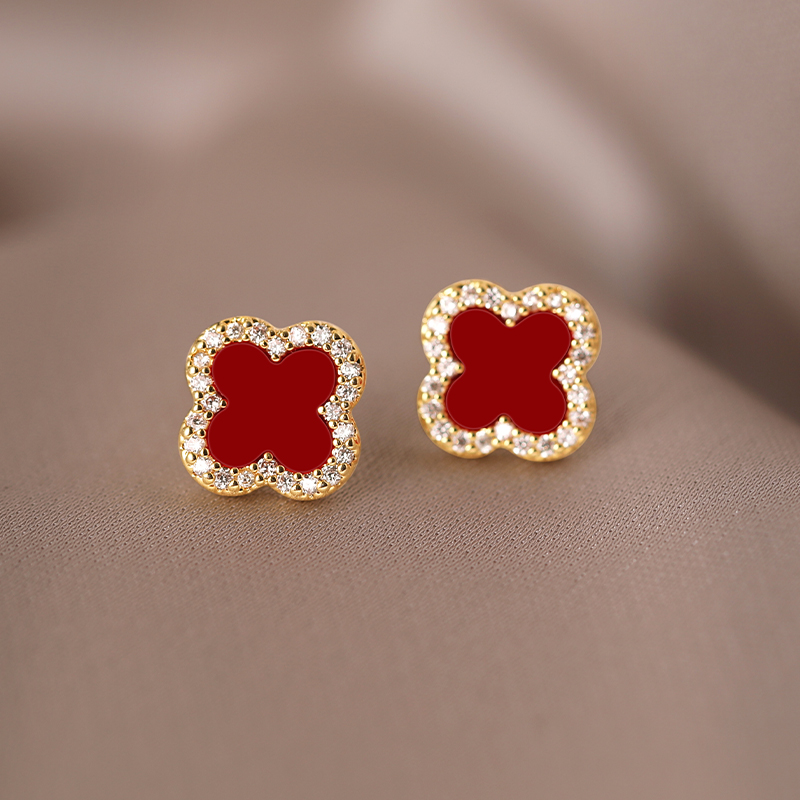红色锆石四叶花耳钉女纯银小众设计感无耳洞耳夹2025新款耳环耳饰