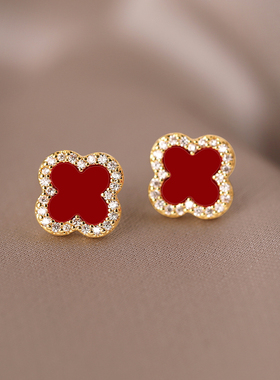 红色锆石四叶花耳钉女纯银小众设计感无耳洞耳夹2025新款耳环耳饰
