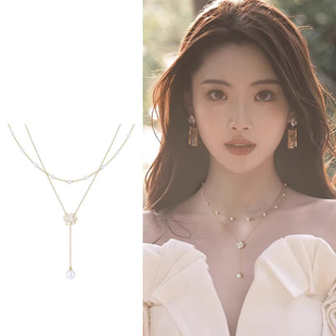 双层叠戴山茶花珍珠项链2025年新款潮气质锁骨链百搭小米珠颈链女