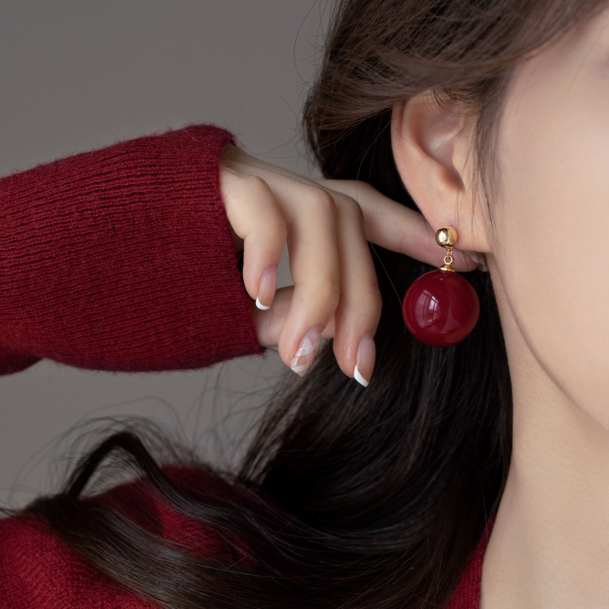 伊灿新年红色大珍珠耳钉女纯银