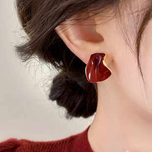 安可拉不规则红色滴釉耳钉女纯银2025新款爆款高级感轻奢耳环耳饰