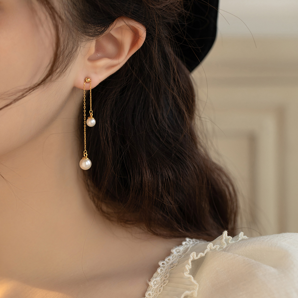 伊灿韩国长款流苏珍珠耳钉女纯银