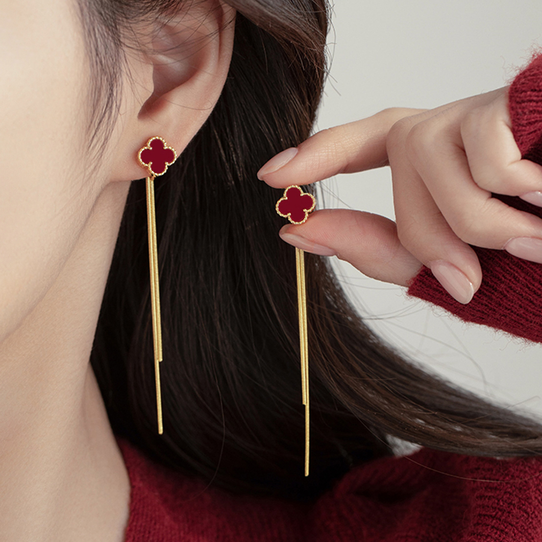 流苏红色三叶草耳钉女纯银高级感耳夹耳环2025年新款爆款小众耳饰