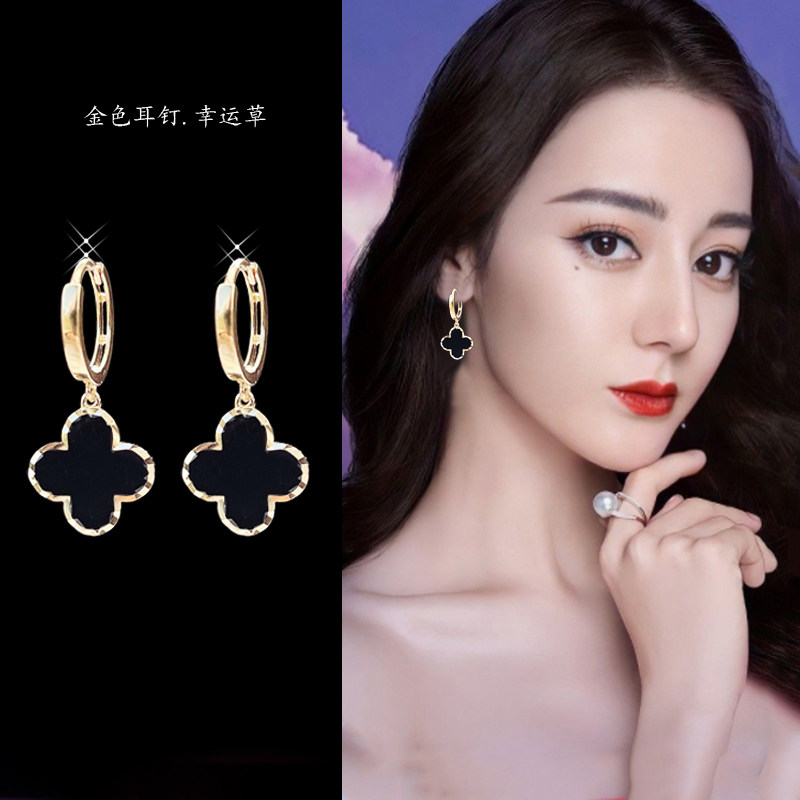 伊灿纯银耳圈黑色四叶草耳坠女