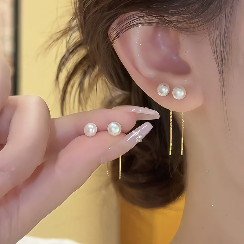 时尚珍珠流苏耳钉女纯银轻奢小众设计感百搭耳饰2025新款爆款耳环