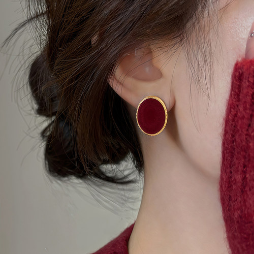伊灿复古酒红色丝绒耳钉女纯银