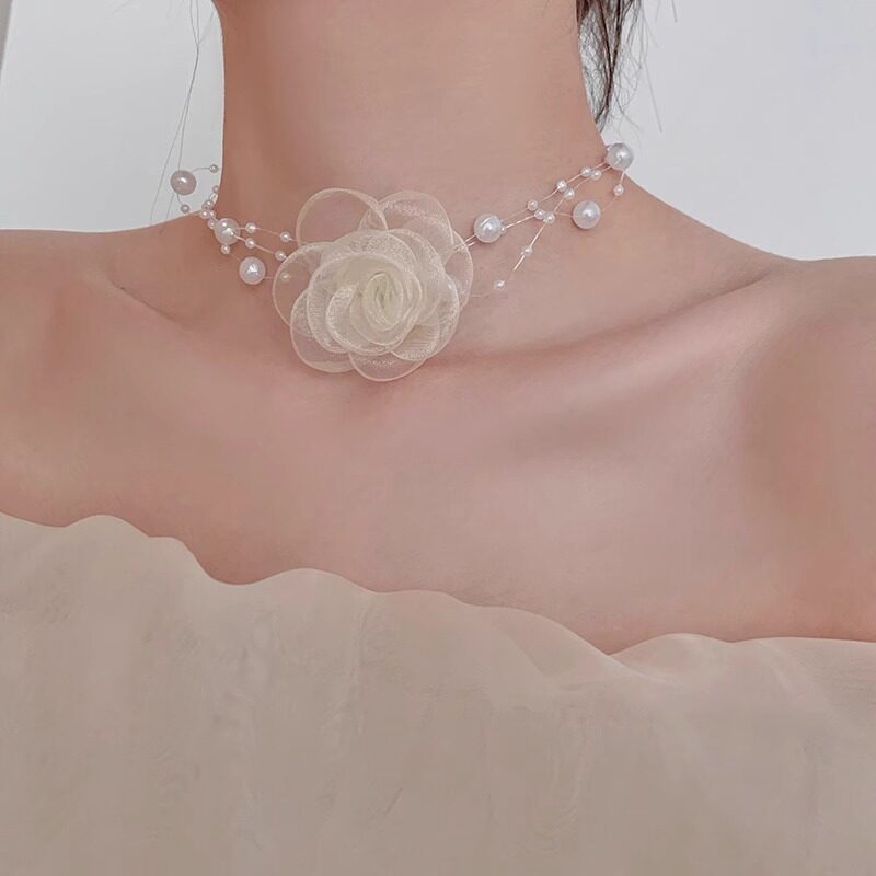 伊灿甜美网纱花朵珍珠项链女