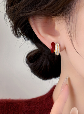 红色滴釉锆石耳钉女2025款爆款纯银针时尚耳环设计感百搭耳夹耳饰